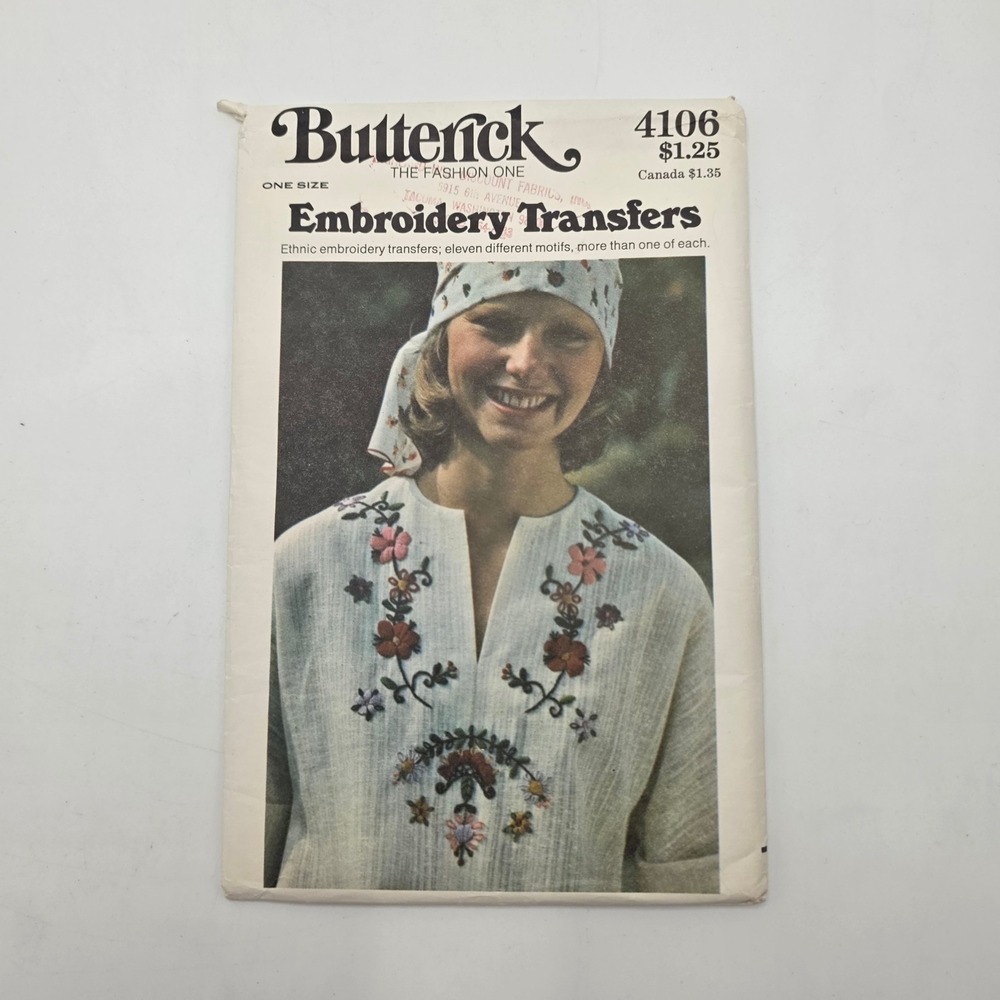 Butterick 4106 Embroidery Transfers Ethnic Floral Folk Iron On Vintage 70s Boho
